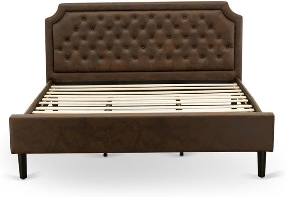 East West Furniture GB25K-1DE07 2-Pc Granbury King Size Bedroom Set with Button Tufted King Frame and 1 Distressed Jacobean Small End Table - Dark Brown Faux Leather with Black Texture and Black Legs