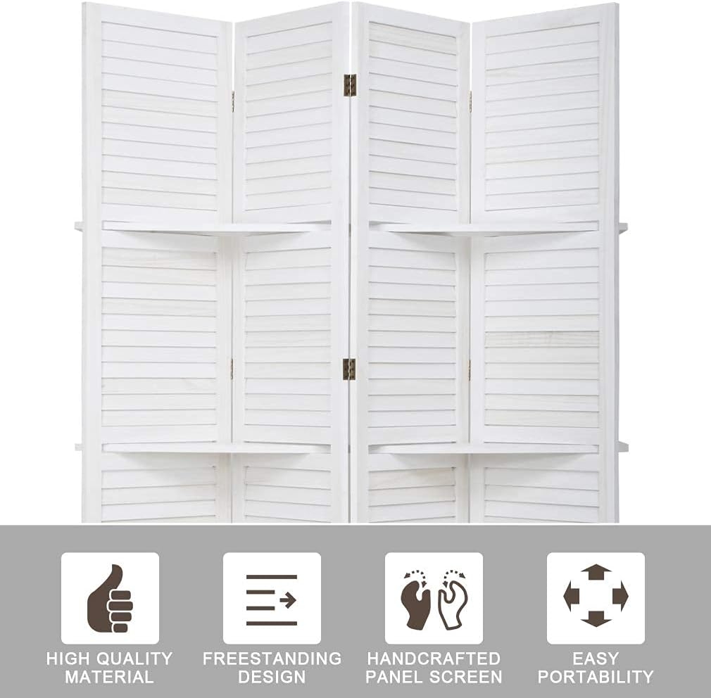 FDW 4 Panel Room Divider Folding Privacy Wooden Screen with Three Clever Shelf Portable Partition Wood Divider for Home Office, White