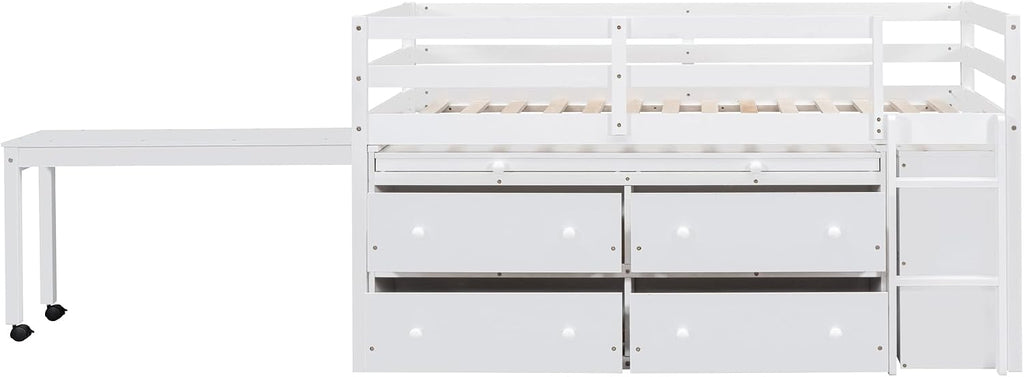 JIVOIT Twin Size Low Loft Bed with Retractable Writing Desk, Storage Bed with 4 Drawers and Shelves, Wooden Loft Bed with Lateral Portable Desk for Kids Teens Adults Bedroom (White,Twin,9)