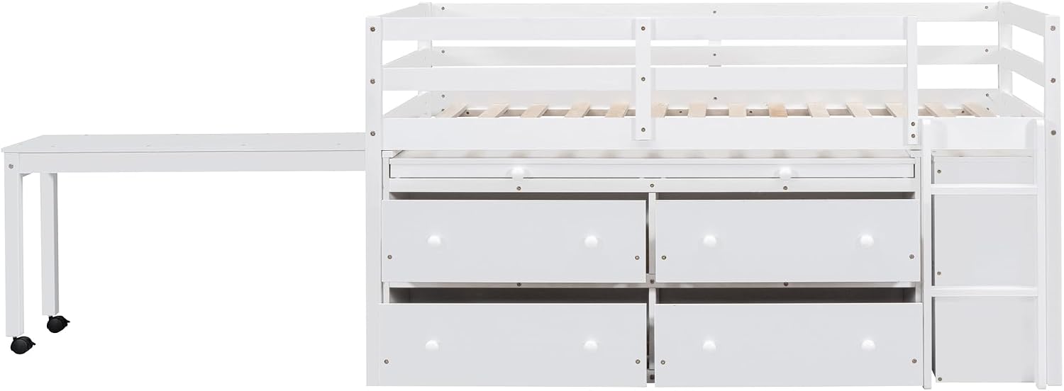 JIVOIT Twin Size Low Loft Bed with Retractable Writing Desk, Storage Bed with 4 Drawers and Shelves, Wooden Loft Bed with Lateral Portable Desk for Kids Teens Adults Bedroom (White,Twin,9)