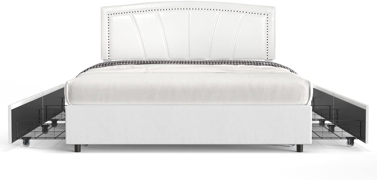 BONSOIR Full Size Storage Bed Frame Upholstered Low Profile Traditional Platform with Tufted and Nail Headboard/No Box Spring Needed/4 Pull Out Drawers/White Faux Leather