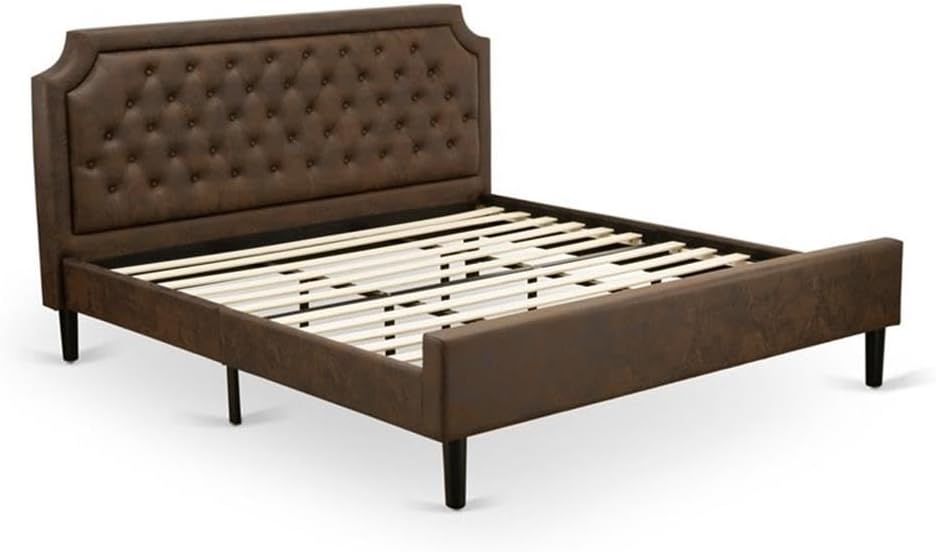 East West Furniture GB25K-1DE07 2-Pc Granbury King Size Bedroom Set with Button Tufted King Frame and 1 Distressed Jacobean Small End Table - Dark Brown Faux Leather with Black Texture and Black Legs