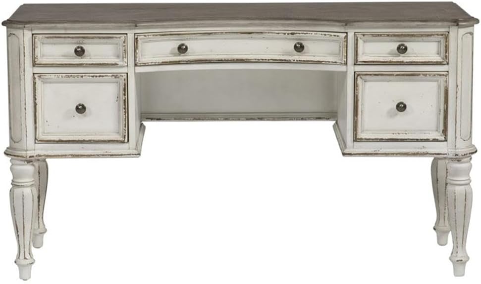 Pemberly Row Contemporary Magnolia Manor 3-Piece Vanity Set, Antique White and Weathered Brown Finish, Ivory Tweed Chenille Upholstered Stool, Trifold Mirror, Bedroom Furniture