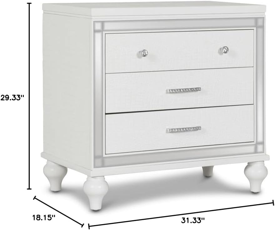 Pemberly Row Contemporary Solid Wood 3-Drawer Nightstand, White Finish, 31.1'' W x 18.11'' D x 29.33'' H, Durable Veneers, Embossed Inlay, Bedroom Storage Furniture