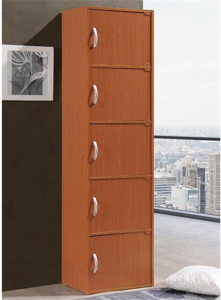 Pemberly Row 5 Shelf 5 Door Bookcase, Cherry Finish, 59 in H x 15.9 in W x 11.75 in D, Slim Multipurpose Design, Storage for Office, Bedroom, Living Room, Kids Room, Kitchen or Laundry Organization