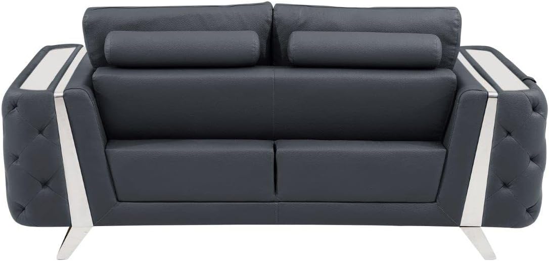 Blackjack Furniture Reggio Collection Full Grain Italian Leather Sofas for Living Room with Brazilian Wood Frame and Stainless Steel Legs, 3-Piece Set, Sofa, Loveseat, and Chair, Dark Gray