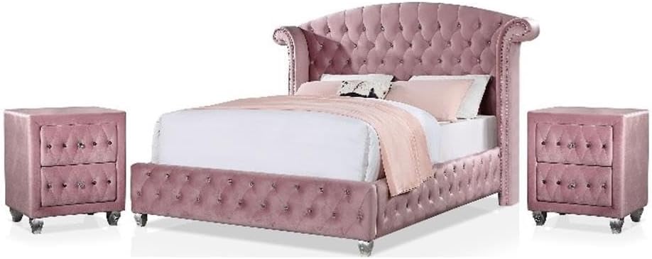 Furniture of America FOA Gijit 3-Piece Pink Fabric Wingback Bedroom Set - Full + 2 Nightstands