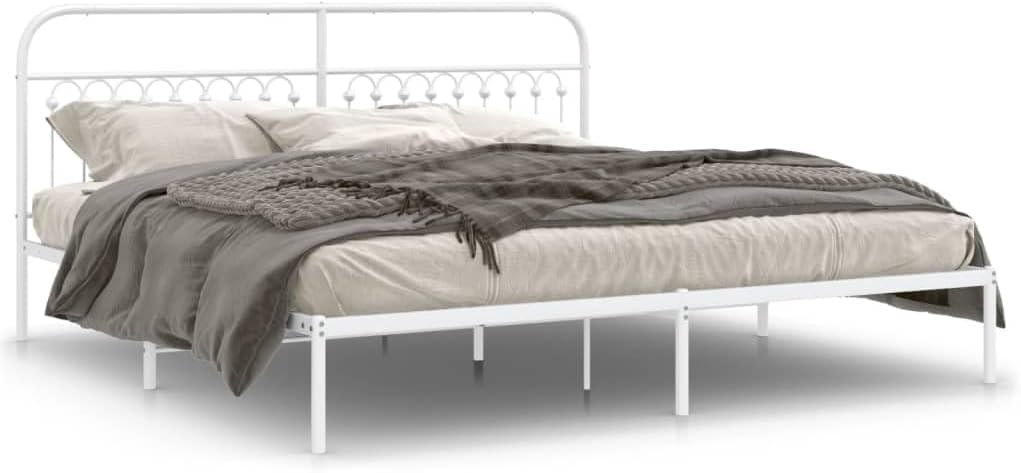 White Steel Full Bed Frame with Headboard, Traditional Rectangular Design, Sturdy Metal Construction and Easy Assembly for Bedroom, Durable Support Structure