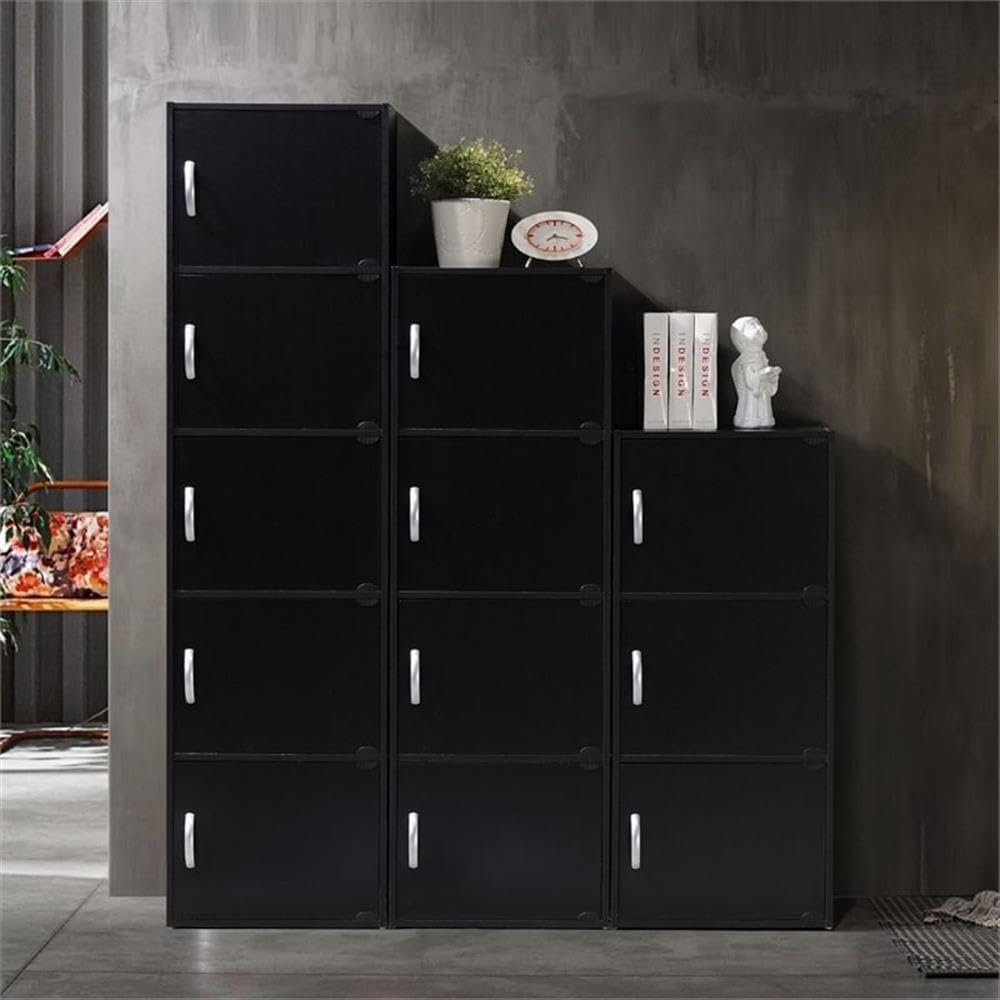 Pemberly Row 5-Shelf Bookcase with 5 Doors, Slim 59 in. Tall Design, Black Finish, Multi-Purpose Storage for Office, Bedroom, or Kids Room Organization