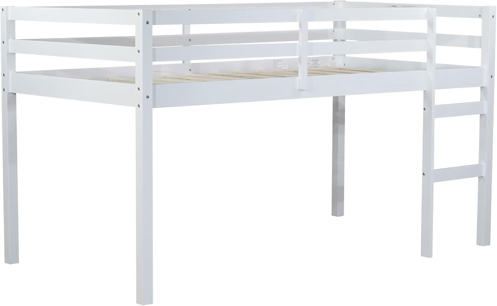 JIVOIT Wood Low Loft Bed Frame with Ladder, Solid Rubber Wooden Twin Loft Bed, Bed Platform of Strengthened Slats, Space Saving Design, No Box Spring Needed (White,104)