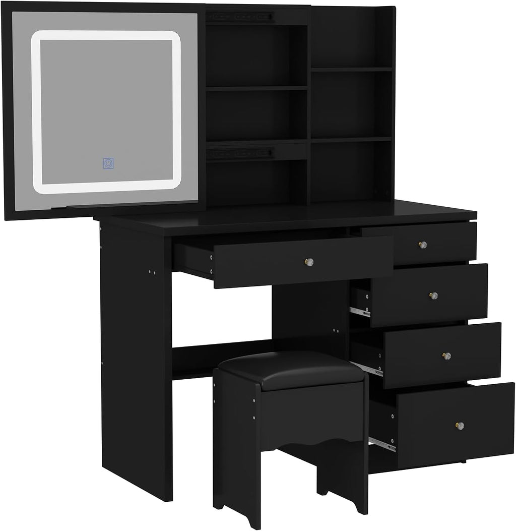 Vanity Desk Set with Sliding Lighted Mirror, Makeup Vanity with Drawer & Shelf, Dressing Table with Cushion Stool & Hidden Storage for Bedroom, Black