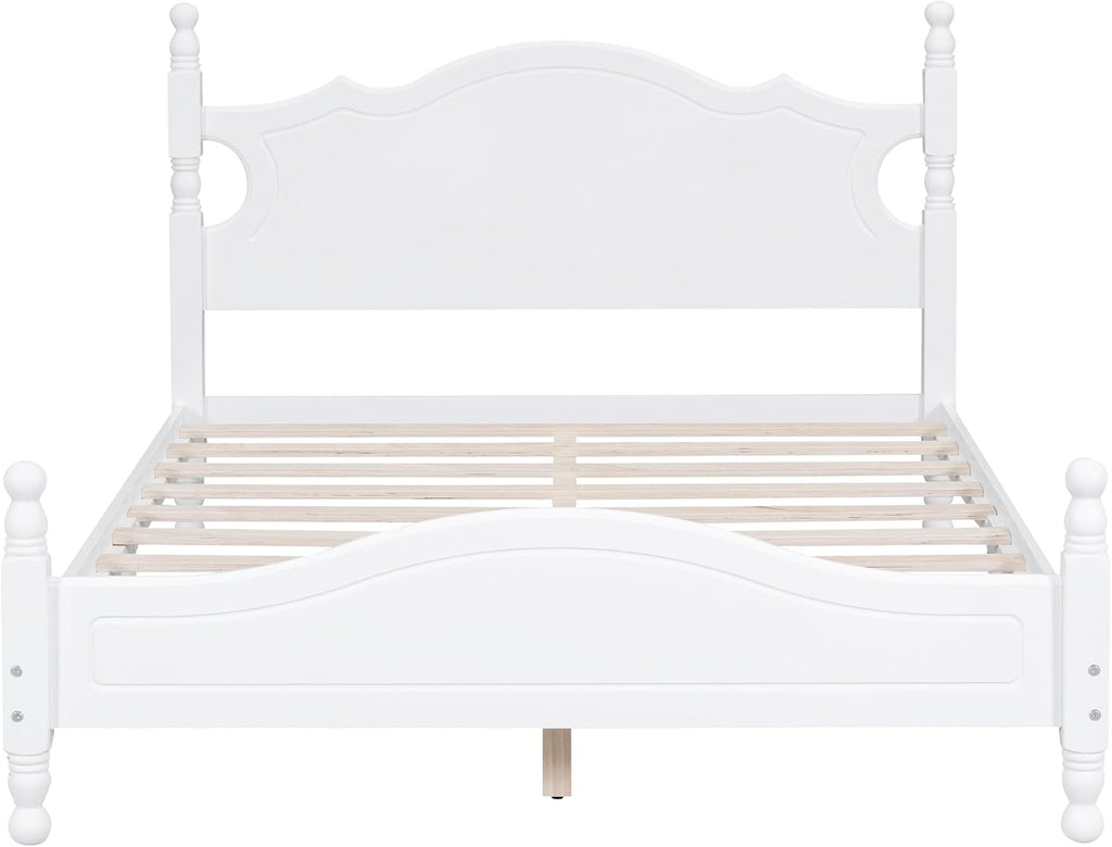 JIVOIT Retro Style Platform Bed with Headboard and Footboard, Full Size Wood Platform Bed Frame with Wooden Slat Support, Solid Wood Foundation, No Box Spring Required (White,4,Full)