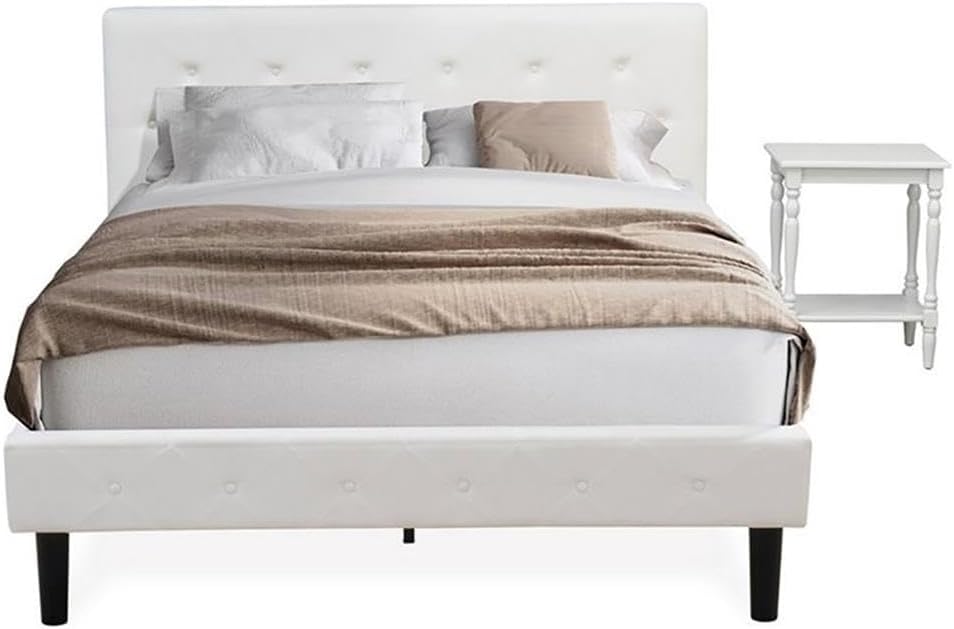 East West Furniture NL19Q-1BF14 2 Piece Bedroom Set - Button Tufted Queen Bed Frame - Linen white Velvet Fabric Upholstered Headboard and an Urban Gray Finish Nightstand