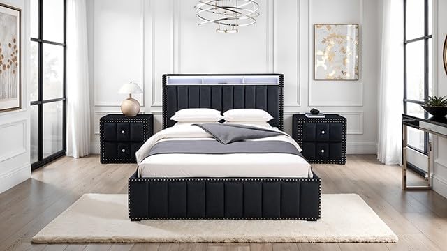 MASARA Modern 3 Pcs Platform Bedroom Set, Black Upholstered, Contemporary Style, Crystal Knobs, Nailhead Trim, Bed with 2 Nightstands (Queen)