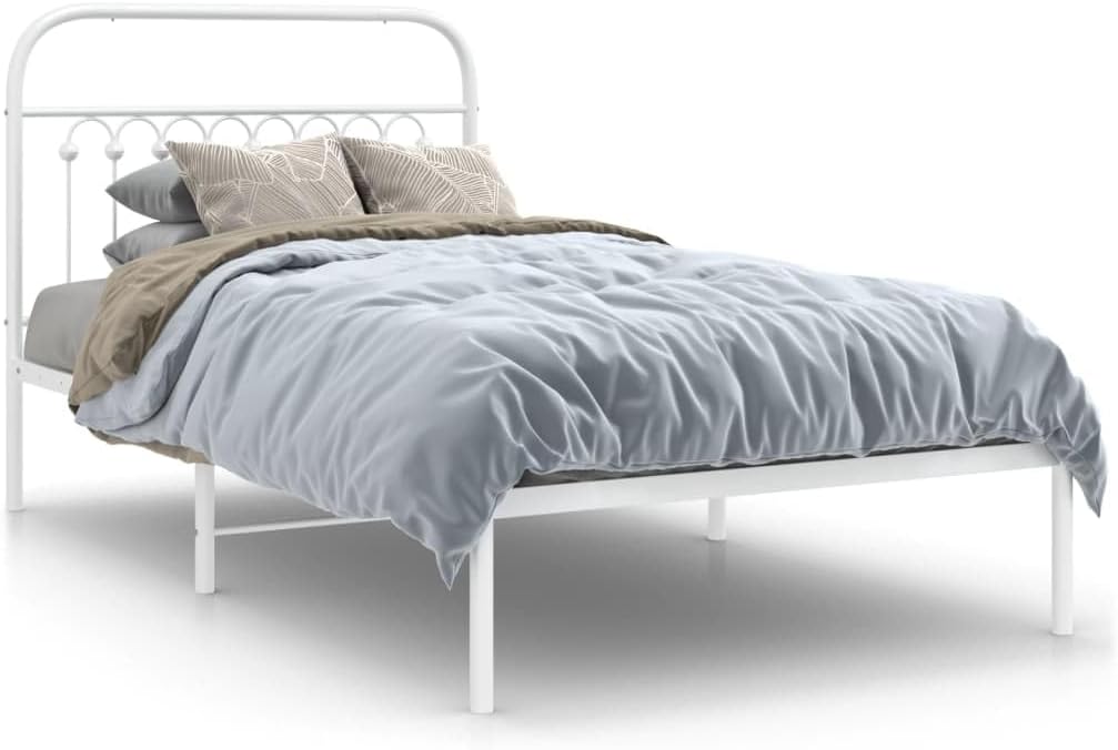 White Steel Bed Frame 39.4 x 78.7 Inches with Headboard, Sturdy Metal Frame for Standard Mattress, Classic Design for Bedroom or Guest Room, Easy Assembly, Rust-Resistant