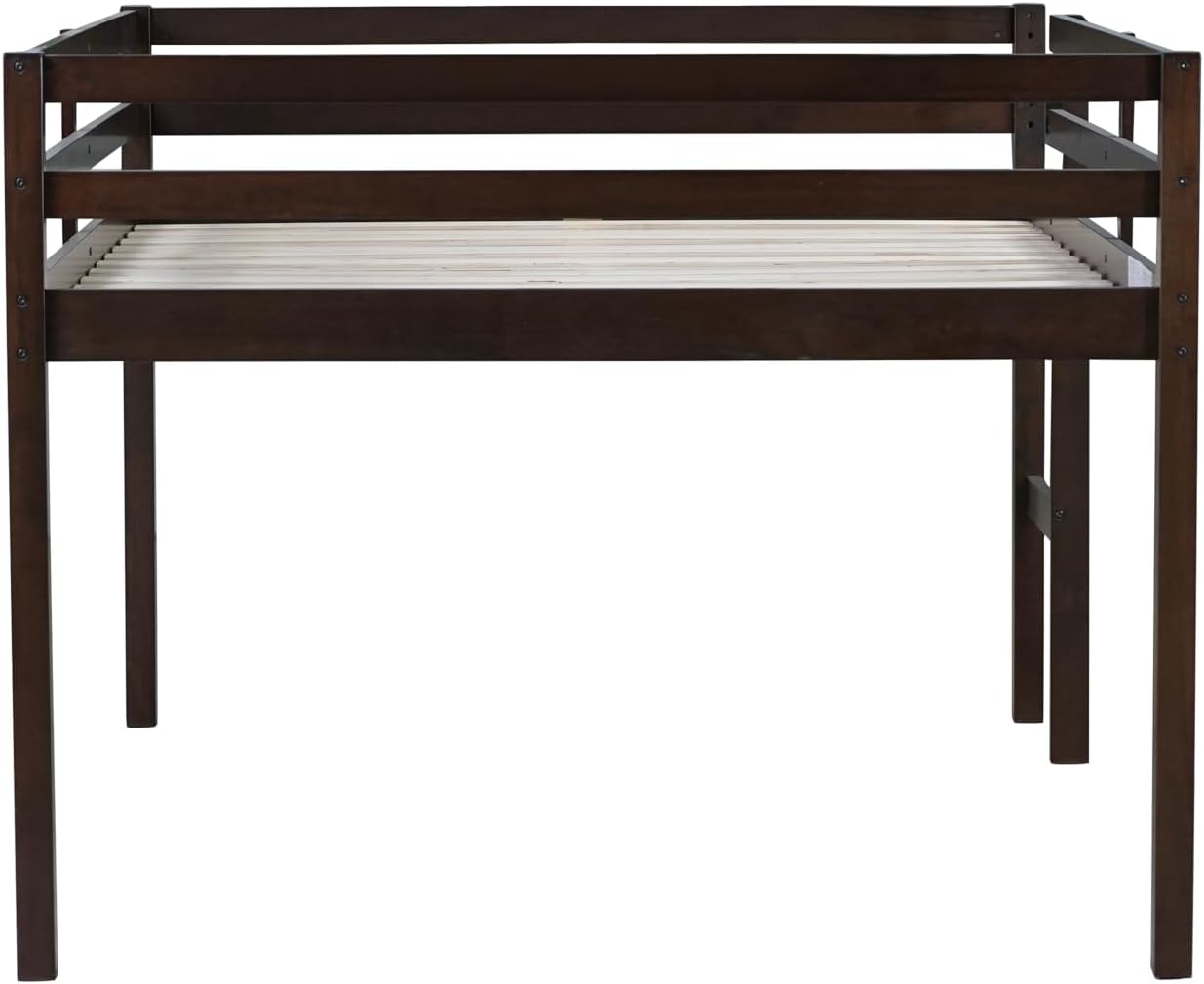 JIVOIT Full Size Bed Frame, Rubber Wood Loft Bed with Ladder, Low Height Design Loft Bed, Central Strengthened Support Slat, No Box Spring Needed