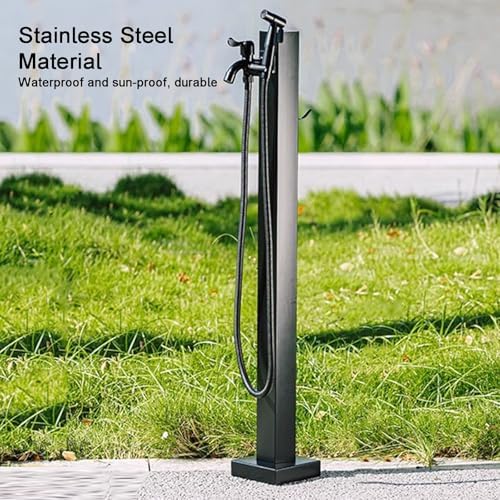 Stainless Steel Outdoor Water Column with Faucet & Spray Gun, Square Design, Hose Holder for Gardens, Schools, Vegetable Gardens, Car Washes - Black