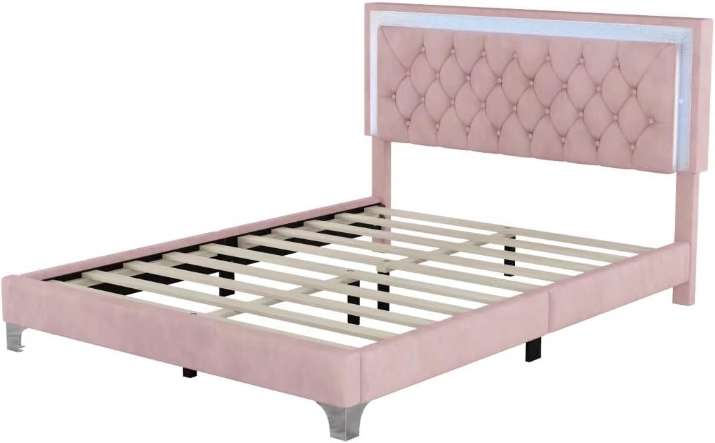 JIJIWANG 3-Pieces Bedroom Sets,Queen Size Upholstered Platform Bed with LED Lights and Two Nightstands for Bedroom,No Box Spring Needed/Easy Assembly (Pink,3-Pieces Queen)