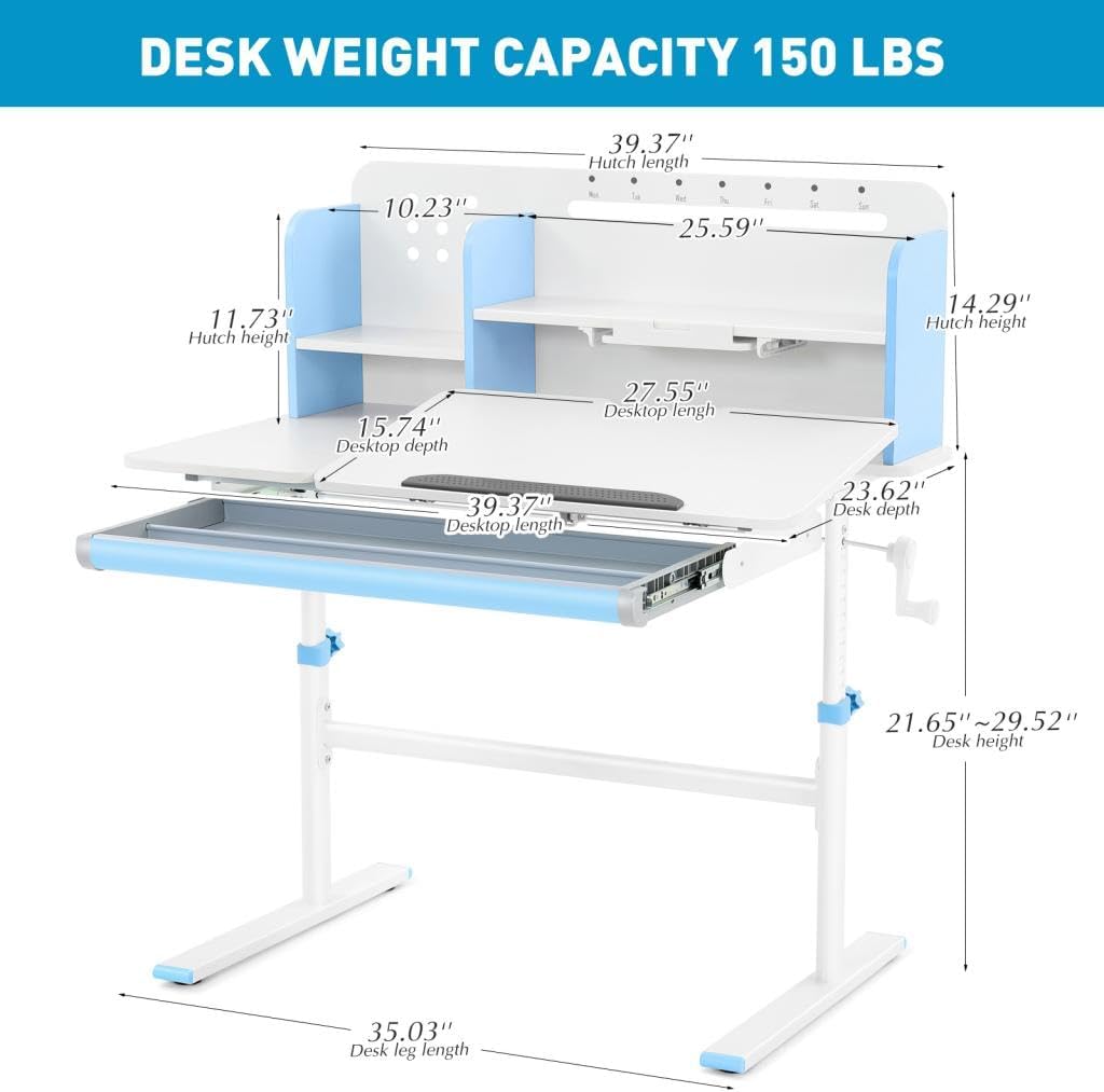 COSVALVE 39in Wide Adjustable Height Kids Desk with Tilting Desktop, Steel Frame, Drawer, and Bookshelf Hutch, Study Child Table for Ages 3-12, Blue