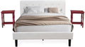 East West Furniture NL19Q-2BF13 3 Piece Bedroom Set - Button Tufted Platform Bed - Linen white Velvet Fabric Upholstered Headboard and a Burgundy Finish Nightstand
