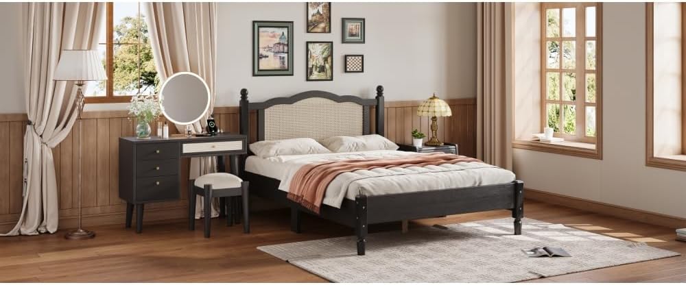 3 Pieces Bedroom Set with Full Size Wooden Bed Frame, 1 Vintage Nightstand and 1 Makeup Vanity Set with Stool,Black (Black + Wood + Full + 3 Piece Set)