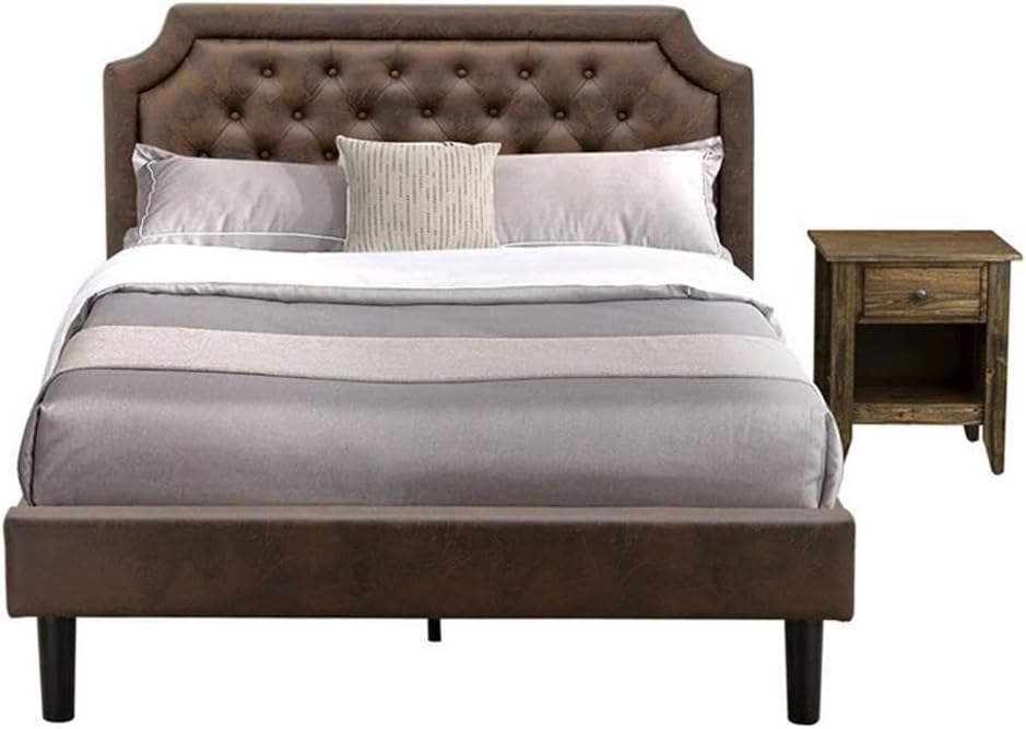 East West Furniture GB25Q-1GA07 2-Piece Granbury Wooden Set for Bedroom with Button Tufted Modern Bed and 1 Distressed Jacobean Night Stand - Dark Brown faux Leather with Black Texture and Black Legs