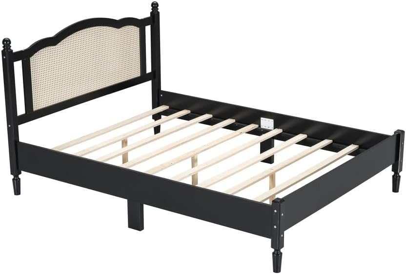 3 Pieces Bedroom Set with Full Size Wooden Bed Frame, 1 Vintage Nightstand and 1 Makeup Vanity Set with Stool,Black (Black + Wood + Queen + 3 Piece Set)