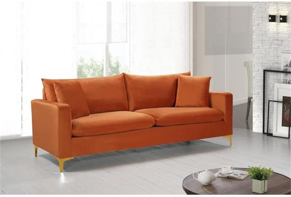 Meridian Furniture 633Cognac-S Naomi Collection Modern | Contemporary Velvet Upholstered Sofa with Deep Channel Tufting and Rich Gold Stainless Steel Legs, Cognac, 81.5' W x 33.5' D x 30' H