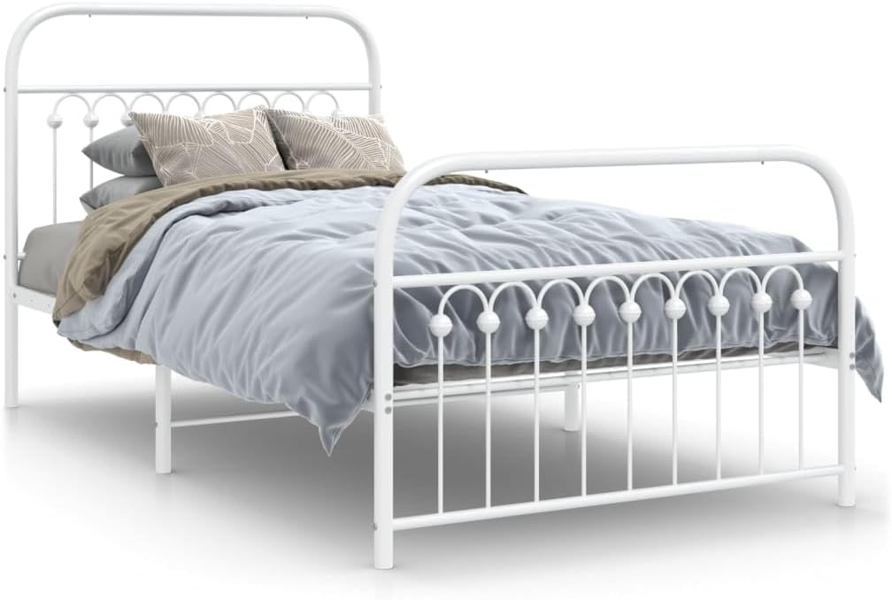 White Steel Twin Bed Frame Modern Rectangular Design with Sturdy Metal Construction and Breathable Material for Enhanced Comfort