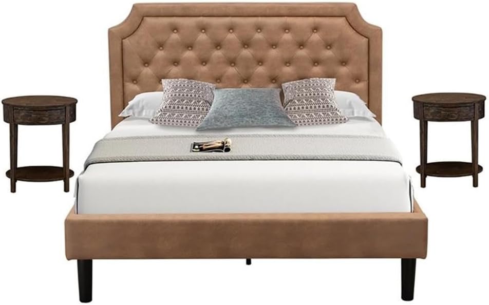 East West Furniture GB28Q-2HI07 3-Pc Wooden Set for Bedroom with Button Tufted Queen Bedframe and 2 Distressed Jacobean End Tables for Bedroom - Brown Faux Leather with Brown Texture and Black Legs