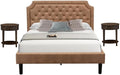 East West Furniture GB28Q-2HI07 3-Pc Wooden Set for Bedroom with Button Tufted Queen Bedframe and 2 Distressed Jacobean End Tables for Bedroom - Brown Faux Leather with Brown Texture and Black Legs