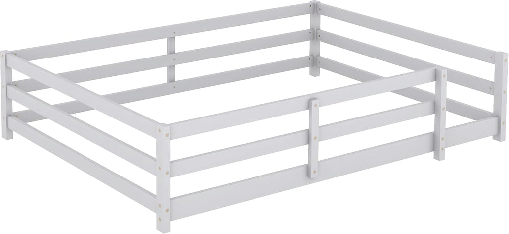Modern Classic Full Size Bed Frame with Fence, Sturdy Wood Montessori Floor Bed for s, Boys, Girls, Dorm, Bedroom, House, Easy to Assemble, Noise-Free Design, No Box Spring Needed,Grey-Ful