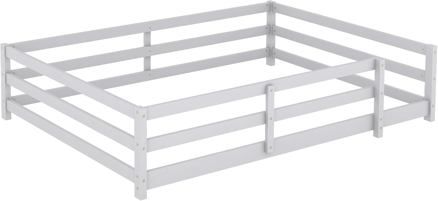 Modern Classic Full Size Bed Frame with Fence, Sturdy Wood Montessori Floor Bed for s, Boys, Girls, Dorm, Bedroom, House, Easy to Assemble, Noise-Free Design, No Box Spring Needed,Grey-Ful