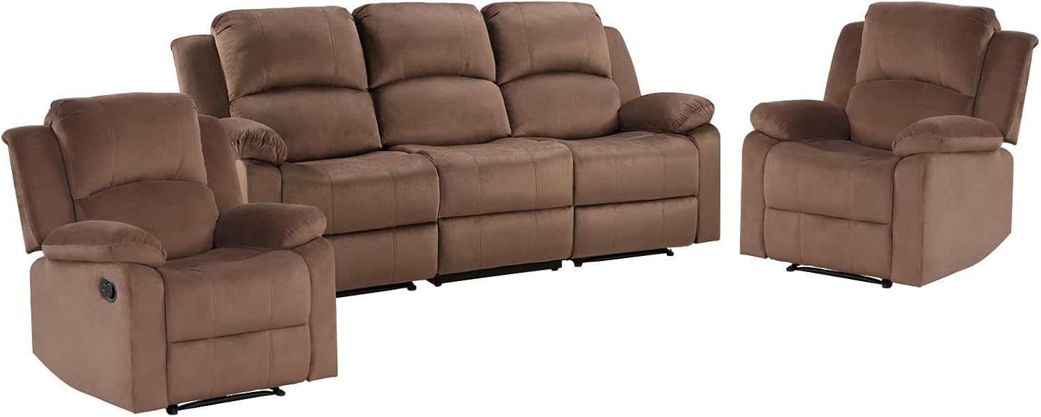 EBELLO Manual Recliner Sofa Set, Modern Microfiber Reclining Couch Furniture Set for Living Room, Includes 2 Recliner Chair and 1 3-Seater Reclining Couch for Home Theater and Office, Brown