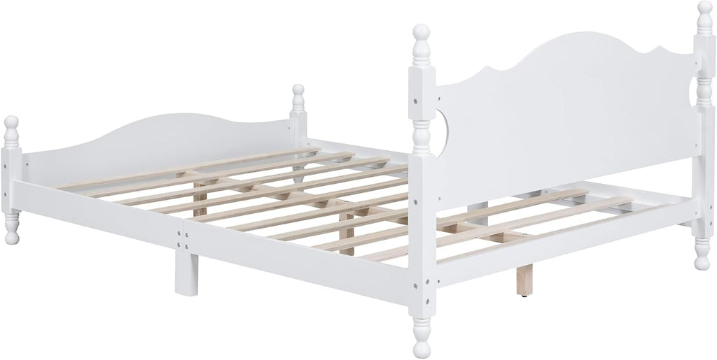 JIVOIT Retro Style Platform Bed with Headboard and Footboard, Queen Size Wood Platform Bed Frame with Wooden Slat Support, Solid Wood Foundation, No Box Spring Required (White,Queen,5)