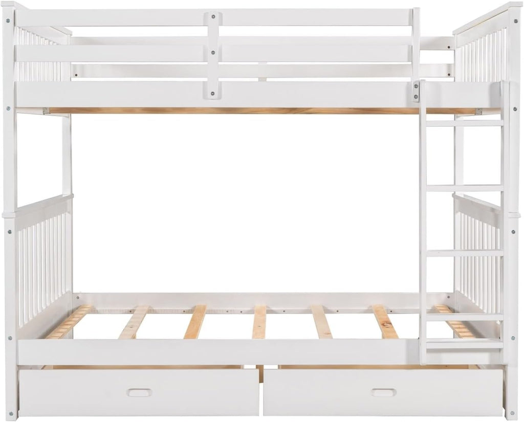 Short Bunk Bed, Full Bed with Drawers White Full Over Full with 2 Drawers Ladder and Rail Guard Solid Wood Slats for Boys and Girls Bedroom