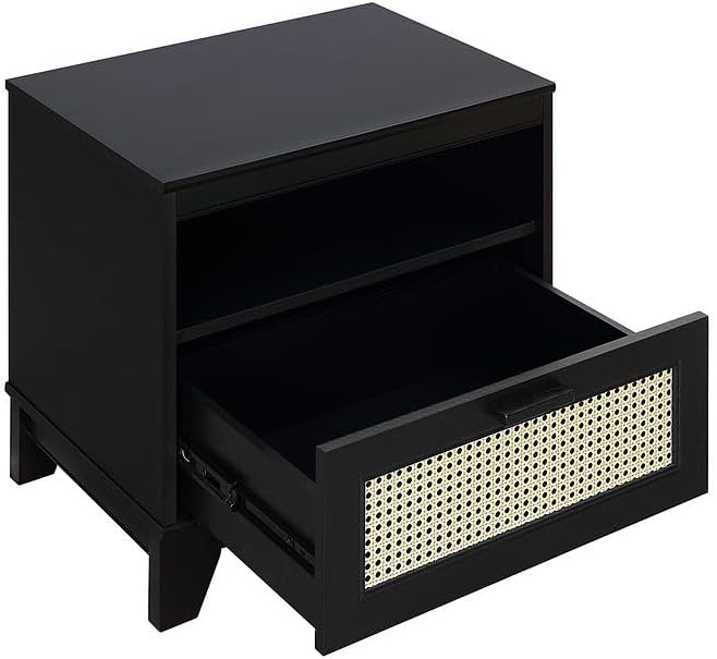 Manhattan Comfort Sheridan Cane Nightstand with Full-Extension Drawer and Open Shelf Cubby, Mid-Century Modern Bedside End Table, Boho Night Stand Accent Table for Bedroom or Living Room in Black