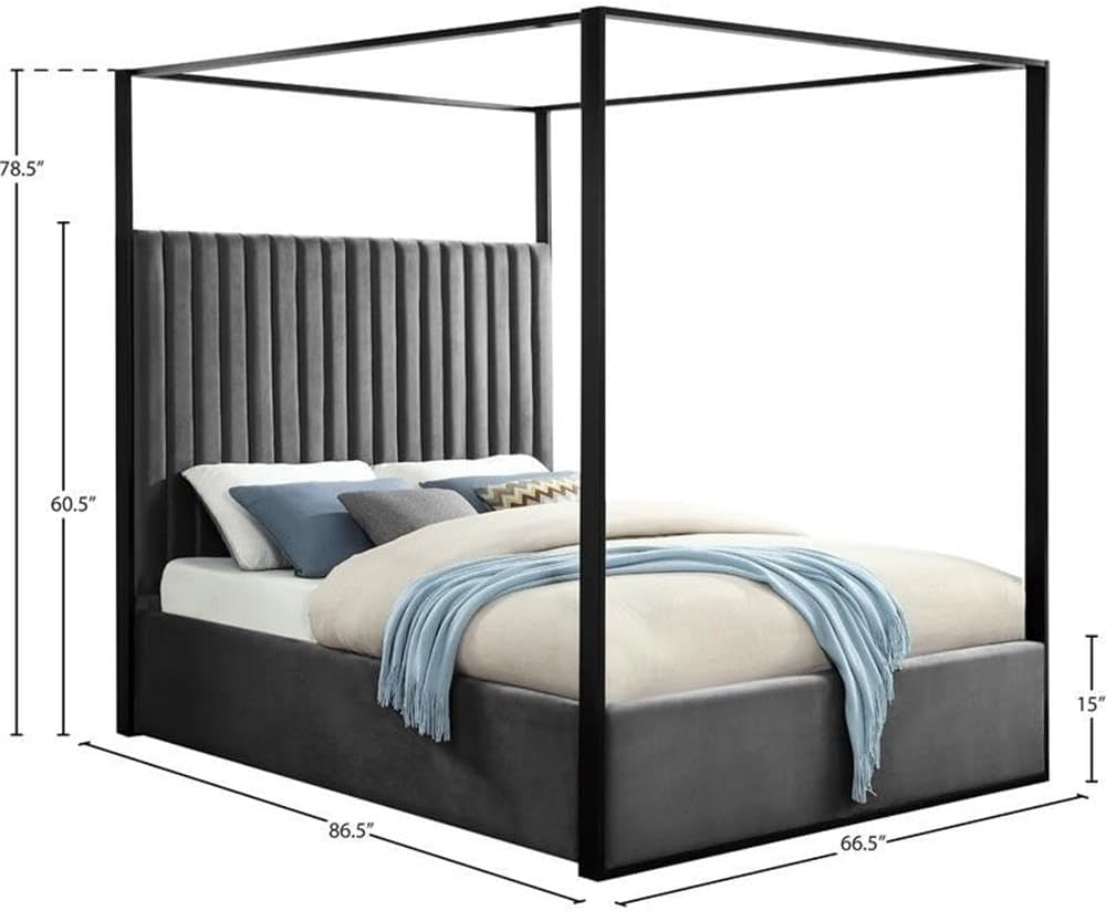 MAKLAINE Contemporary Queen Bed, Solid Wood Frame and Steel Canopy, Gray Velvet Upholstery, Matte Black Finish, Deep Channel Tufting, Full Slats, 66.5' W x 86.5' D x 78.5' H, Bedroom Furniture