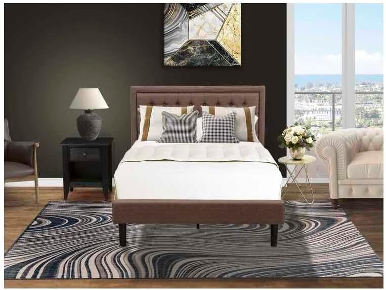 HomeStock Asian Aesthetics 2 Pc Bedroom Set 1 Full Platform Bed Brown Linen Fabric Padded and Button Tufted Headboard 1 Wooden Nightstand with Wooden Drawer Black Finish Legs