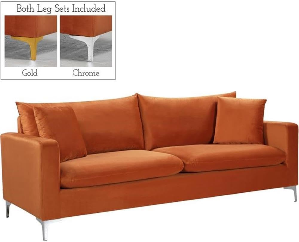 Meridian Furniture 633Cognac-S Naomi Collection Modern | Contemporary Velvet Upholstered Sofa with Deep Channel Tufting and Rich Gold Stainless Steel Legs, Cognac, 81.5' W x 33.5' D x 30' H