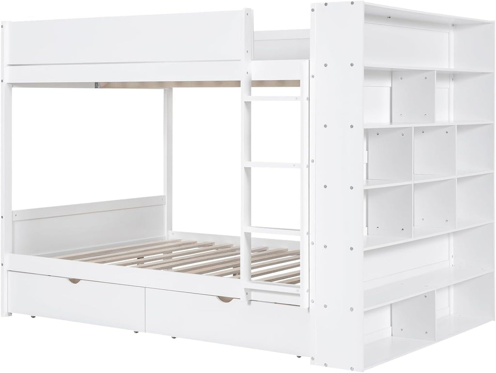 Full Over Full Bunk Bed with Bookcase, Wood Bunk Bed Frame with 2 Drawers and Multi-Layer Cabinet Storage Shelves, Bed with High Guardrails for Kids Teens (White, Full)
