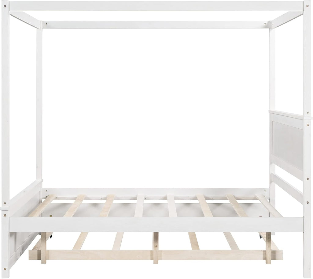 CITYLIGHT Full Size Canopy Bed Frame with Trundle Bed,Wooden Canopy Trundle Bed with Support Slats,Four Post Bed with Headboard for Kids Girls Boys,Brushed White