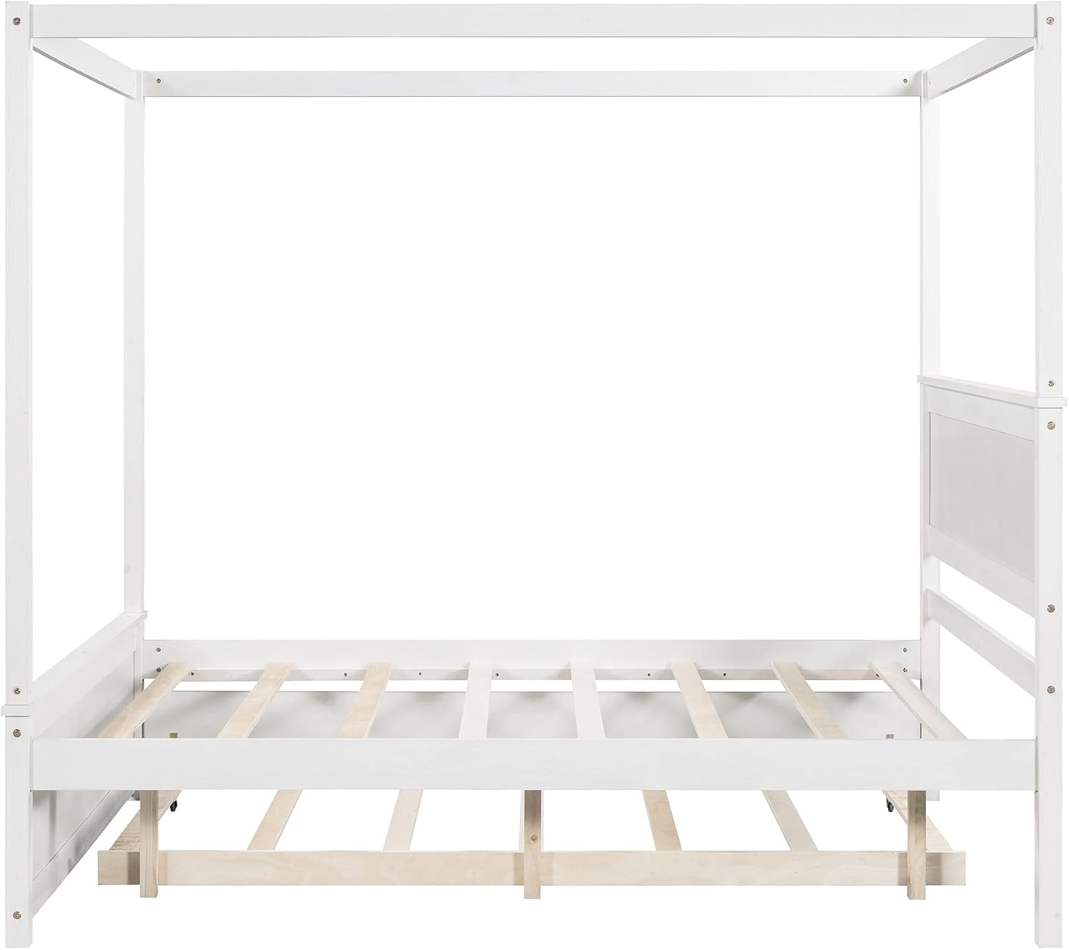 CITYLIGHT Full Size Canopy Bed Frame with Trundle Bed,Wooden Canopy Trundle Bed with Support Slats,Four Post Bed with Headboard for Kids Girls Boys,Brushed White