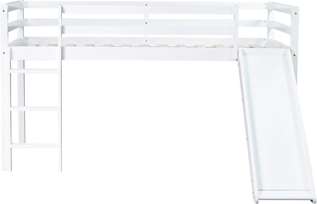 JIVOIT Twin Size Low Loft Bed with Slide and Ladder, Rubber Wood Twin Loft Bed with Under Bed Storage Space, Wood Slats Support, No Box Spring Needed (White/407)