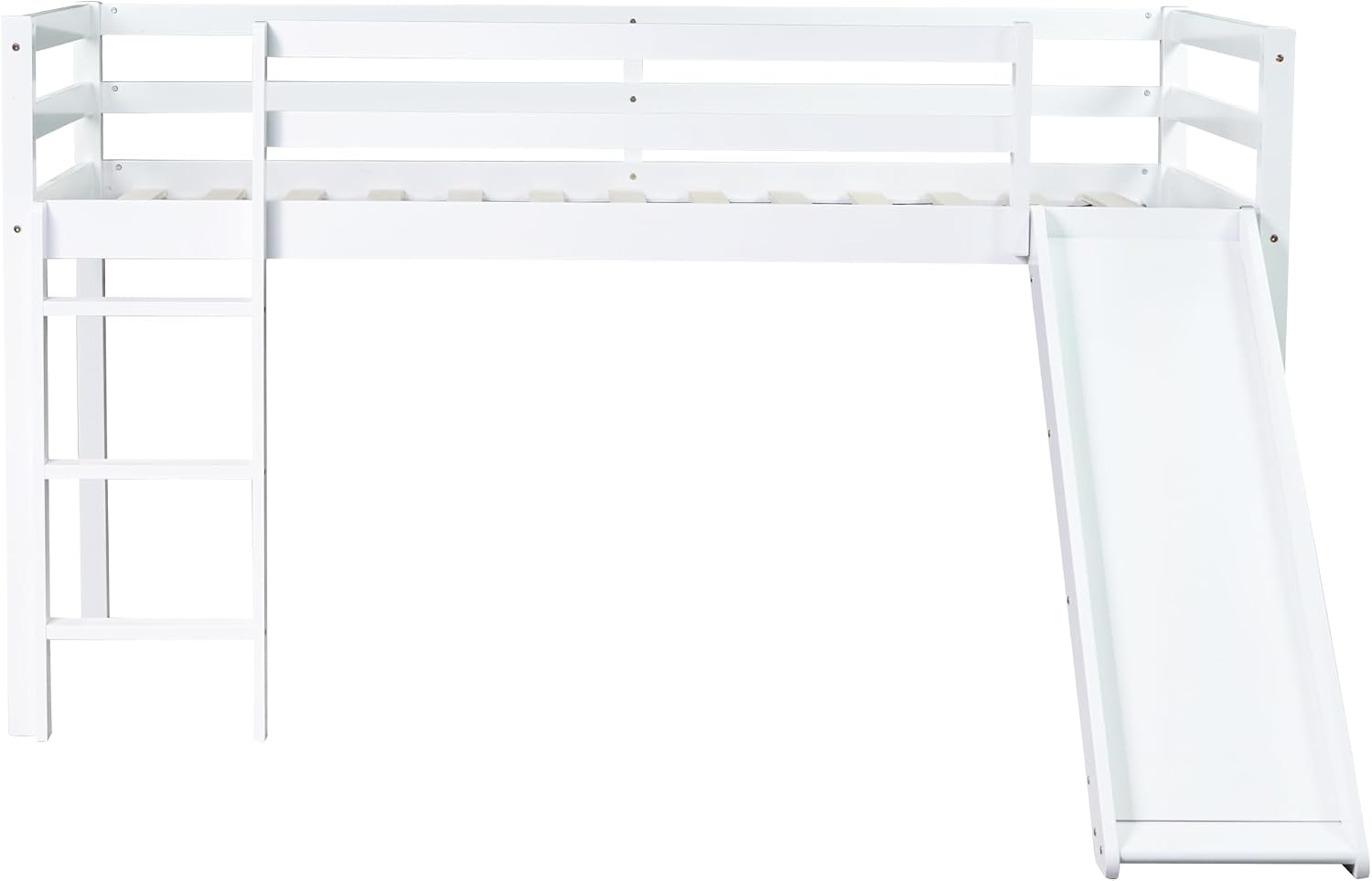 JIVOIT Twin Size Low Loft Bed with Slide and Ladder, Rubber Wood Twin Loft Bed with Under Bed Storage Space, Wood Slats Support, No Box Spring Needed (White/407)