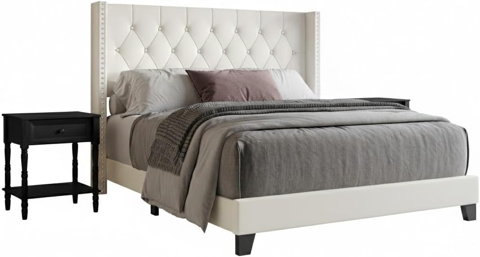 HOME DESIGN Homer Twin Tufted Wingback Upholstered Panel Bed with 2 Matching 1 Drawer Nightstands, Bedroom Furniture Set with Open Shelf Storage, Light Beige Black