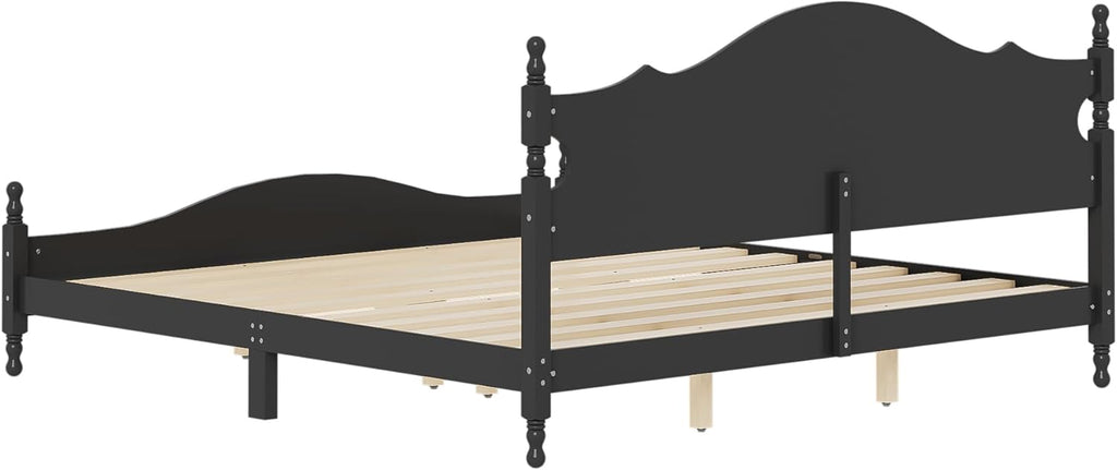 JIVOIT Retro Style Platform Bed with Headboard and Footboard, King Size Wood Platform Bed Frame with Wooden Slat Support, Solid Wood Foundation, No Box Spring Required (Black,King,5)