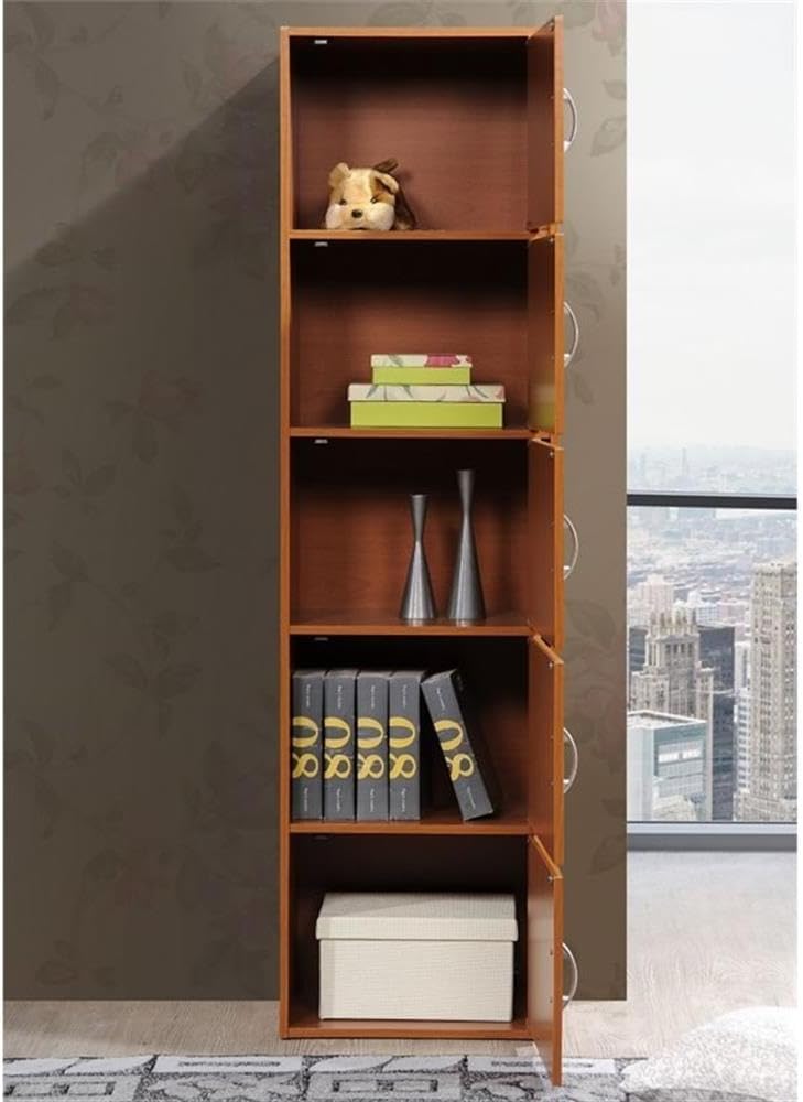 Pemberly Row 5 Shelf 5 Door Bookcase, Cherry Finish, 59 in H x 15.9 in W x 11.75 in D, Slim Multipurpose Design, Storage for Office, Bedroom, Living Room, Kids Room, Kitchen or Laundry Organization