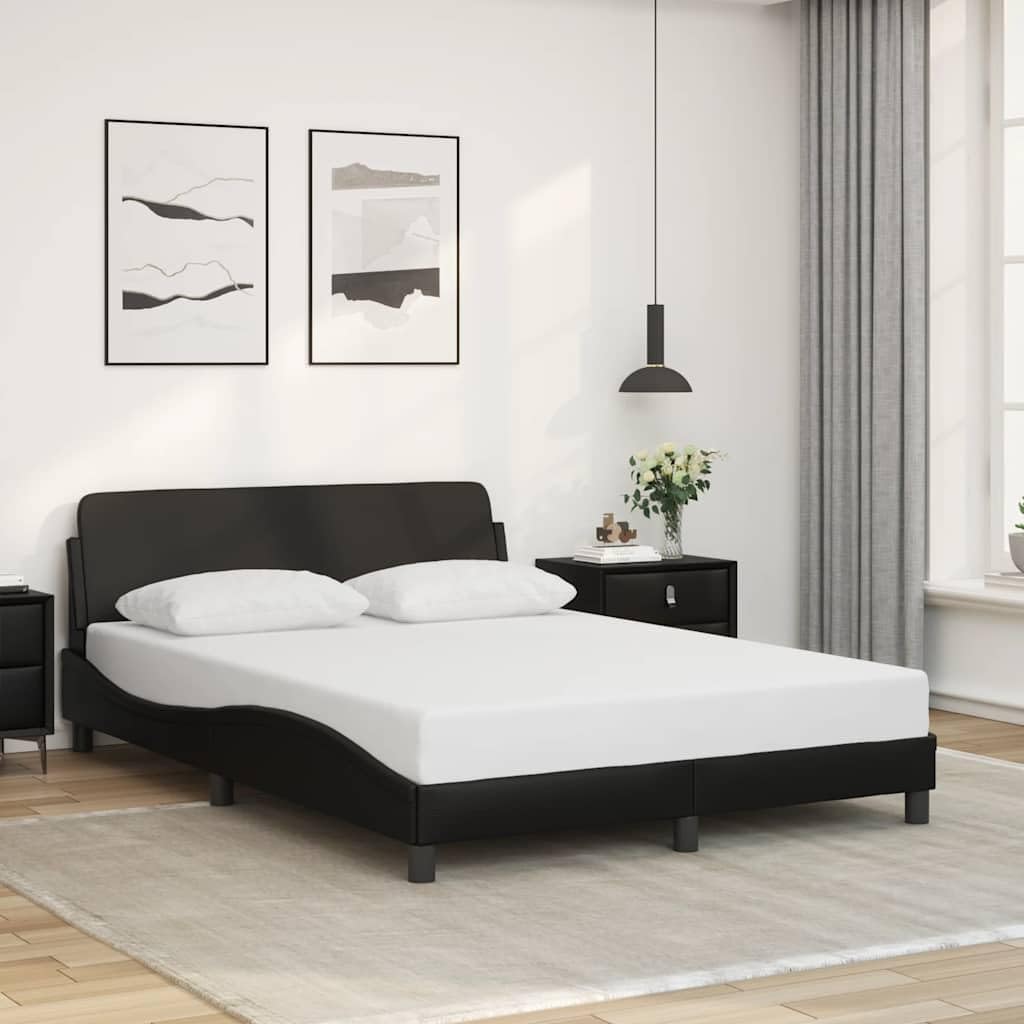 Modern Double Bed Frame with Storage, 4 Pieces Black Faux Leather Upholstered Headboard and Robust Pine Wood Construction for Bedroom