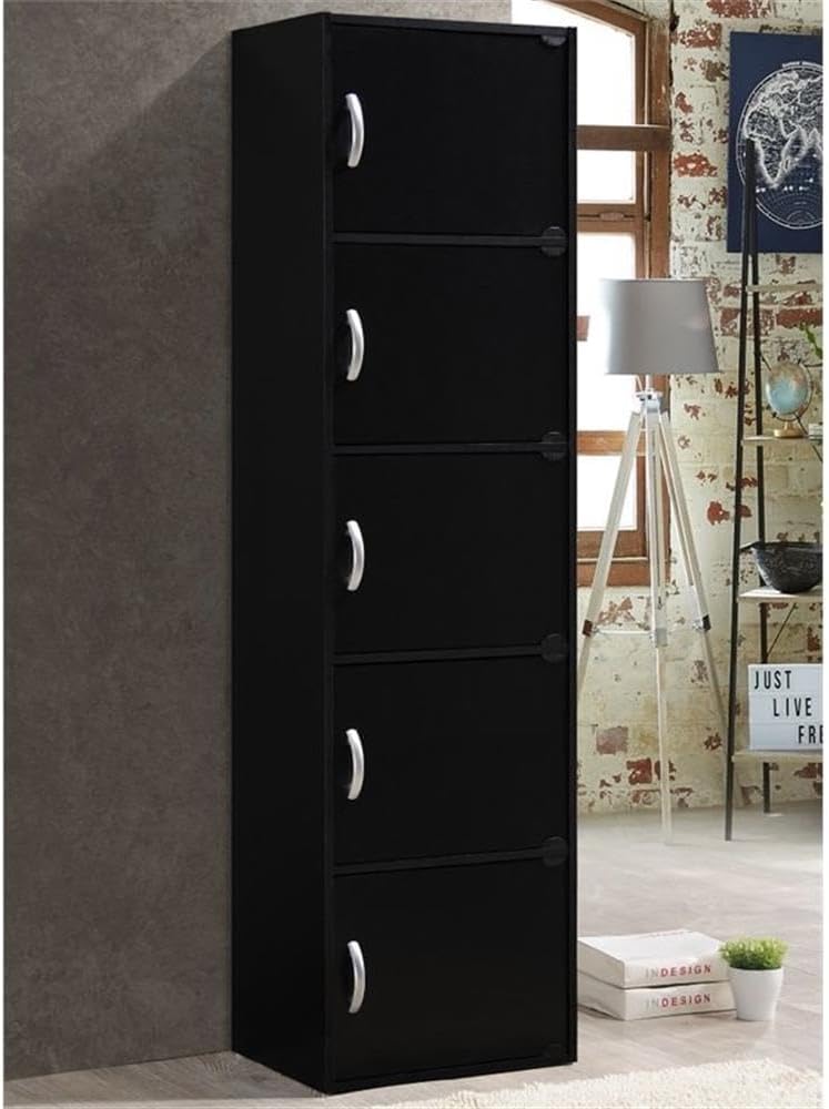 Pemberly Row 5-Shelf Bookcase with 5 Doors, Slim 59 in. Tall Design, Black Finish, Multi-Purpose Storage for Office, Bedroom, or Kids Room Organization